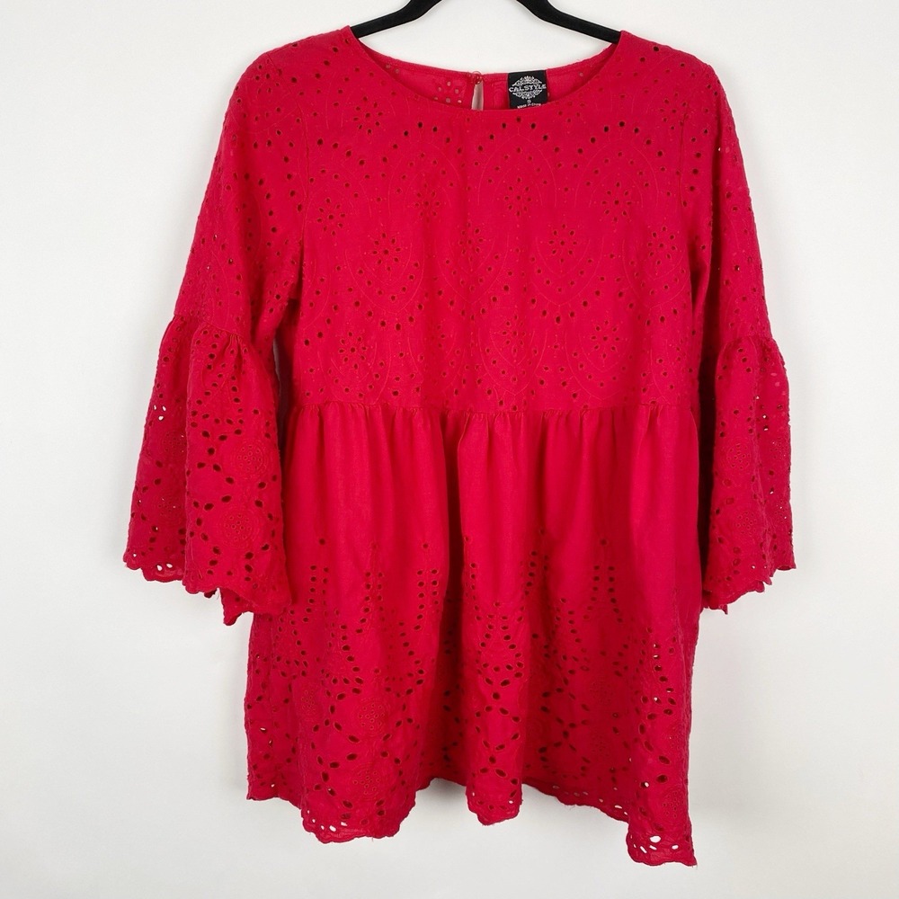 Calstyle Eyelet‎ Babydoll Ruffle Bell Sleeve Tunic Top Womens Small Red